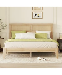 Clihome Queen Size Rubber Wooden, Solid Wooden Bed with Rattan Headboard, Enhanced by Support Feet