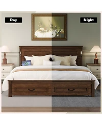 Clihome King Size Bed with Tall-Panel Headboard and Footboard, 2 Storage Drawers, Built-in Led Lights