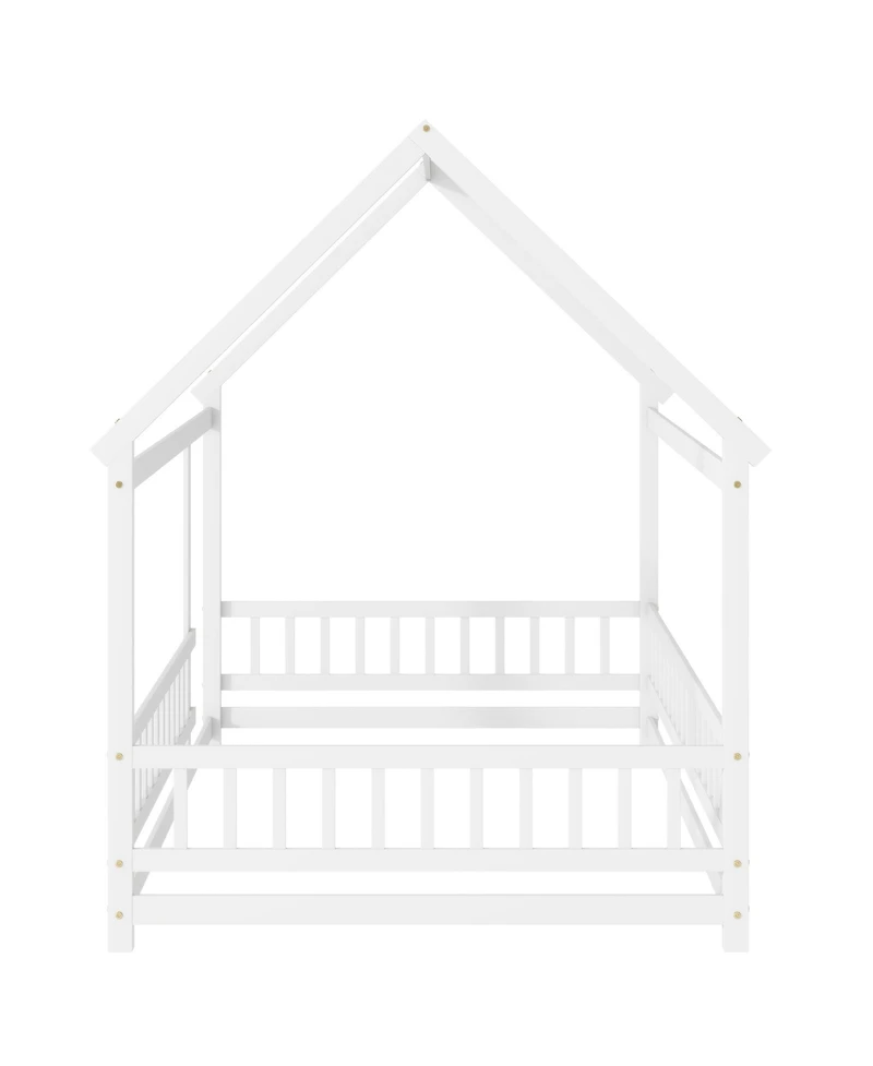 Clihome Full Size House Floor Wooden Bed with Roof Frame, Safety Guardrails