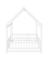 Clihome Full Size House Floor Wooden Bed with Roof Frame, Safety Guardrails
