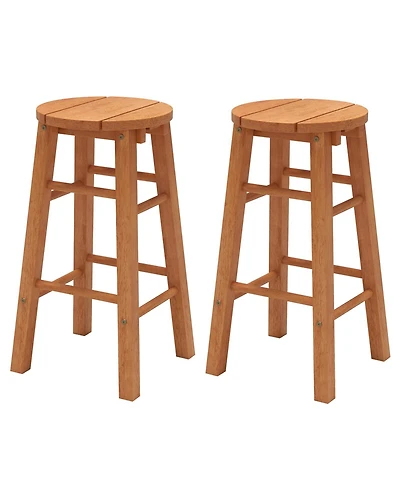 Gymax Set of 2 Outdoor Wood Bar Stools with Round Seat Footrest