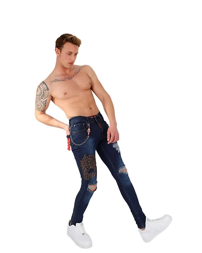 Elie Balleh Men's leopard patch skinny distressed jeans for men