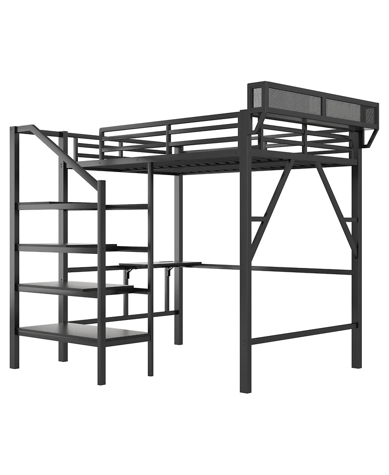 Streamdale Furniture Full Size Metal Loft Bed with Desk, Charging Station, and Storage Stairs