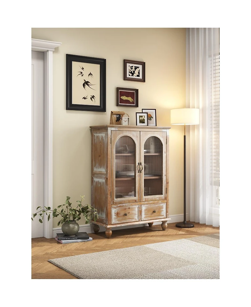 Streamdale Furniture Farmhouse Distressed Wood Kitchen Pantry Cabinet with Glass Doors and Drawers