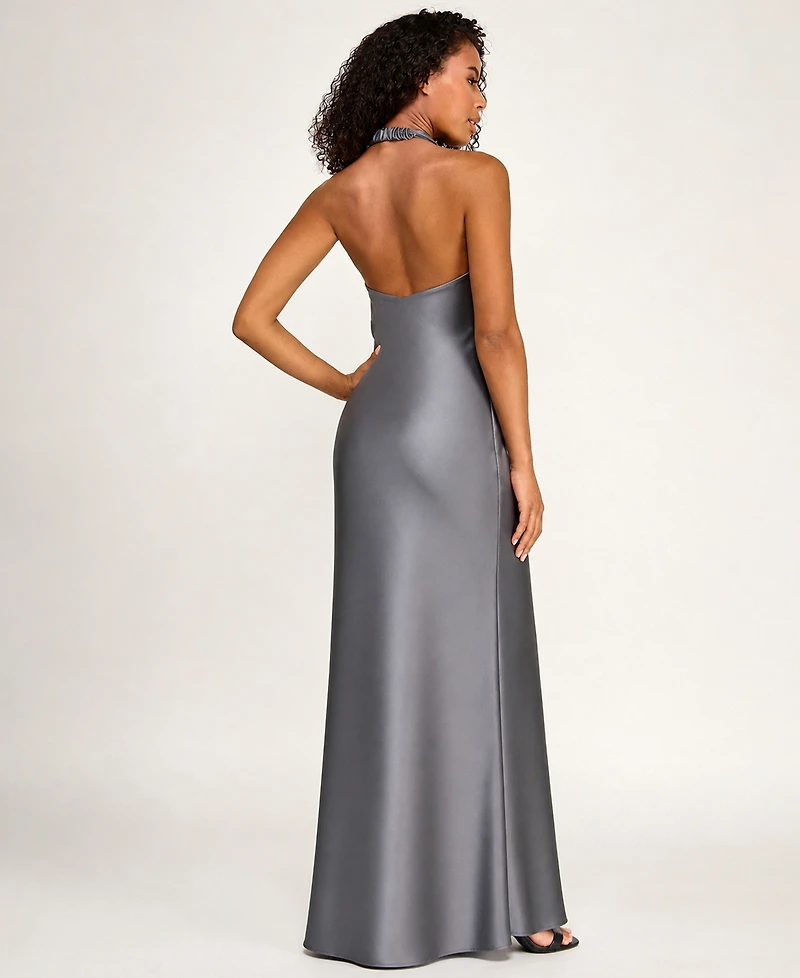 Seni & Cade Juniors' Halter Neck Satin Long Dress
