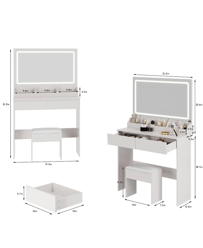 Streamdale Furniture 31" x 20" Led Vanity Table with Mirror, Stool, and Adjustable Lighting