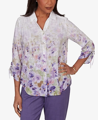 Alfred Dunner Women's Grand Bazaar Floral Ombre Button Down Top