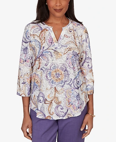 Alfred Dunner Women's Grand Bazaar Jacobean Floral Split Neck Top