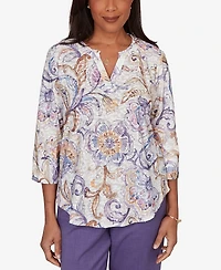 Alfred Dunner Women's Grand Bazaar Jacobean Floral Split Neck Top