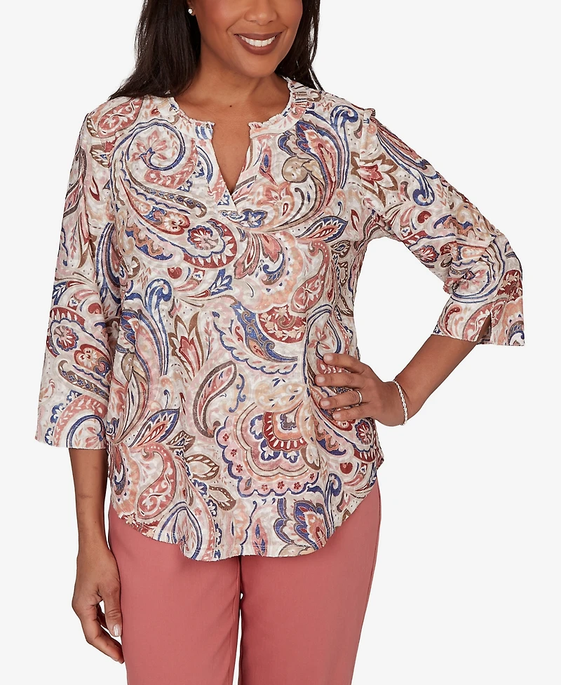 Alfred Dunner Women's Camden Market Paisley Split Neck Knit Top