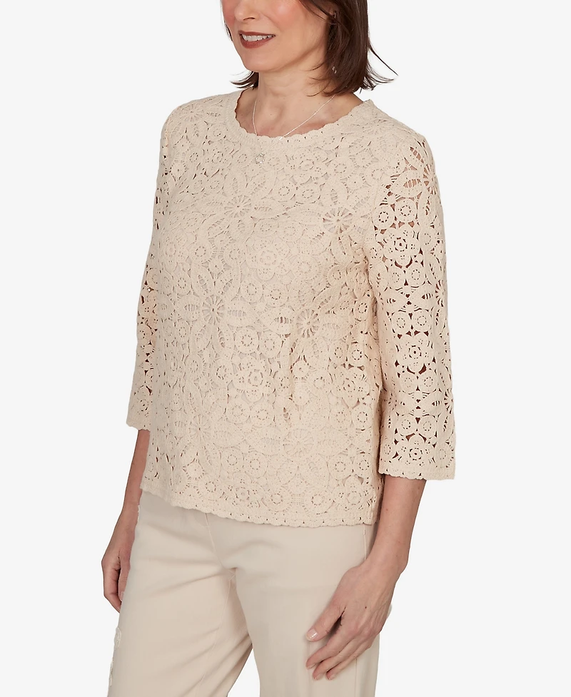 Alfred Dunner Women's Camden Market Floral Crochet Lined Knit Top