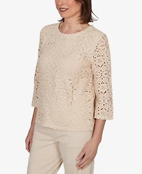 Alfred Dunner Women's Camden Market Floral Crochet Lined Knit Top