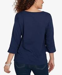 Alfred Dunner Women's Indigo Girls Asymmetric Sequin Flowers Knit Top