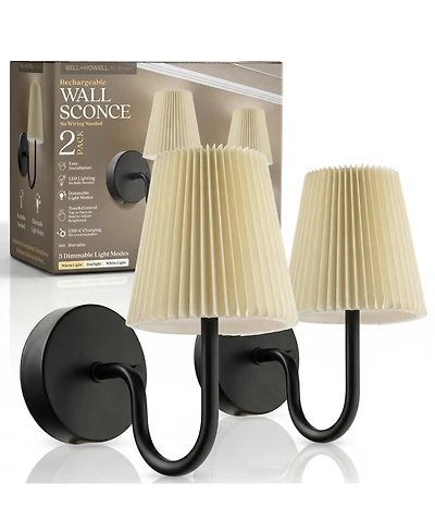 Bell + Howell Set of 2 Accord Pleat Shade Dimmable Led Rechargeable Cordless Touch Control Lights Wall Sconces