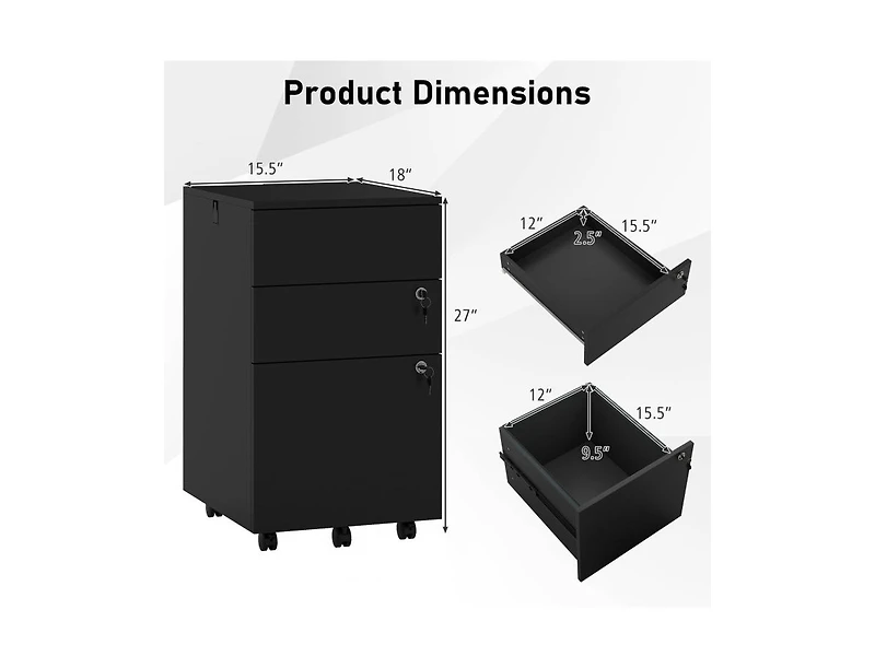 Slickblue Locking 3 Drawer File Cabinet Pedestal for Office Desk