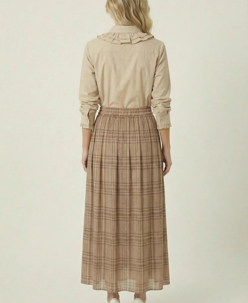 Modenaire Women's Plaid Pleated Maxi Skirt With Side Pockets