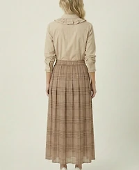 Modenaire Women's Plaid Pleated Maxi Skirt With Side Pockets