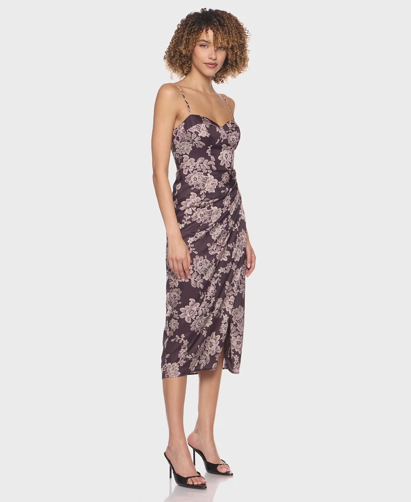 B Darlin Juniors Sweetheart Neck Printed Satin Midi Dress with Spaghetti Straps Skirt Slit