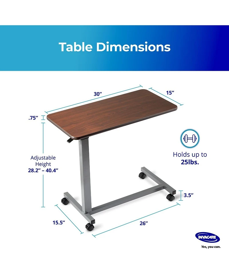 Invacare Adjustable Medical Bedside Table - Waterproof Rolling Hospital Tray Table w/L-Shaped Base