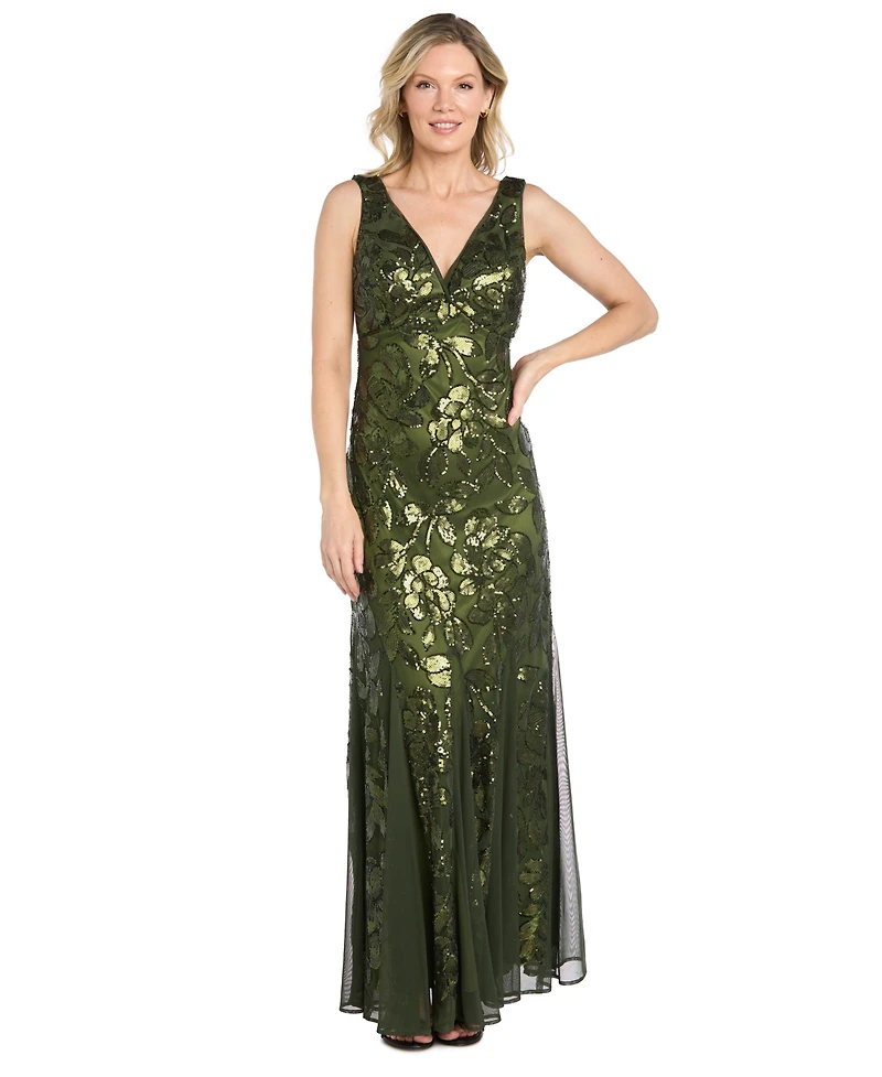 R & M Richards Petite Floral Sequin Beaded Gown