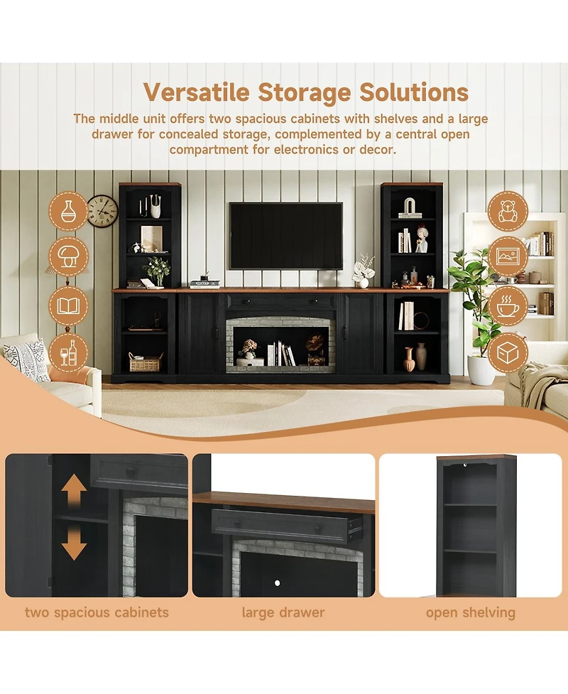 Streamdale Furniture 3-Piece Farmhouse Tv Stand Set with Curved Side Cabinets for TVs Up to 70