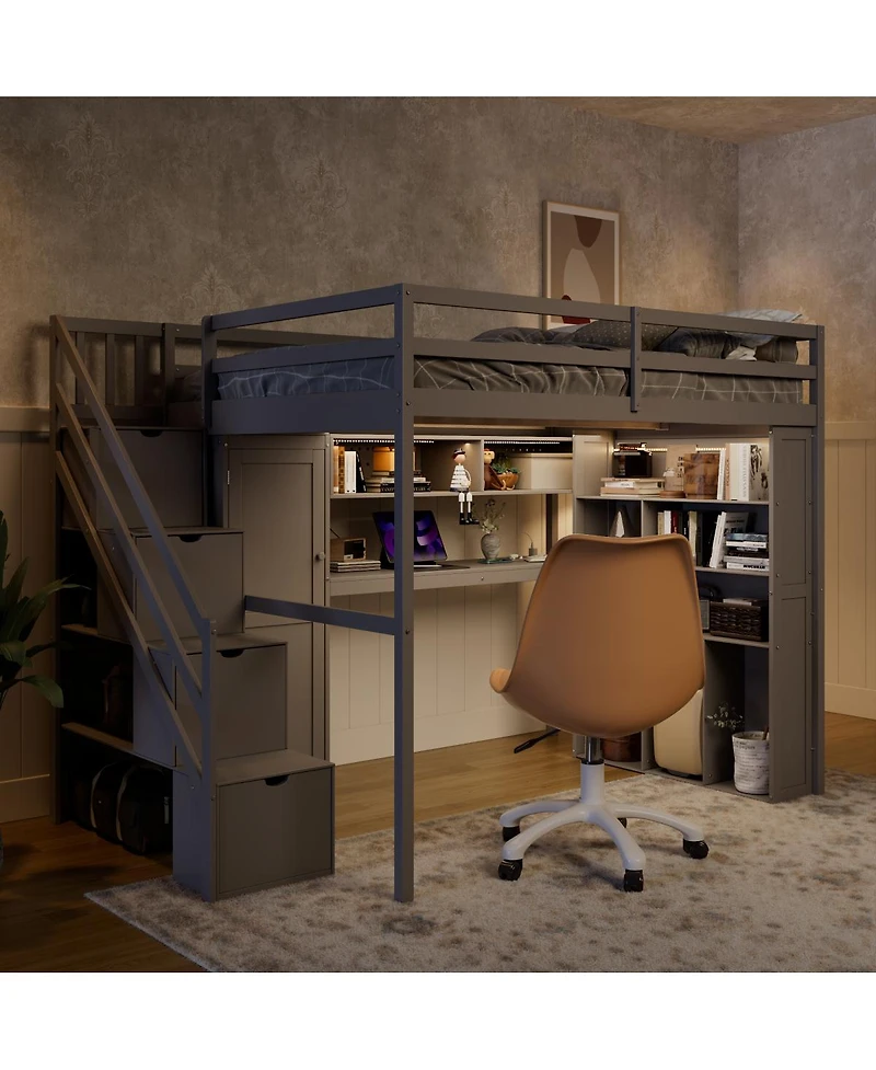 Streamdale Furniture Full Loft Bed with Wardrobe, Desk, Shelves and Lights