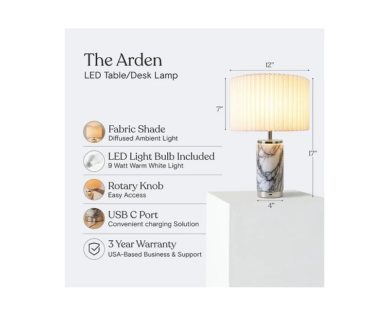 Brightech Arden 17" Modern Led Marble Table Lamp with Charging Usb Port