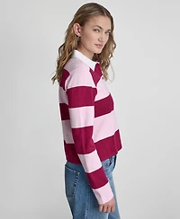Dkny Jeans Women's Long-Sleeve Logo Charm Multi-Stripe Cotton Polo Sweater