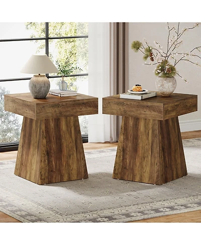 Tribesigns Square Side Table Set of 2, Farmhouse Small End Table with Wide Base, Rustic Small Nightstand Beside Bed