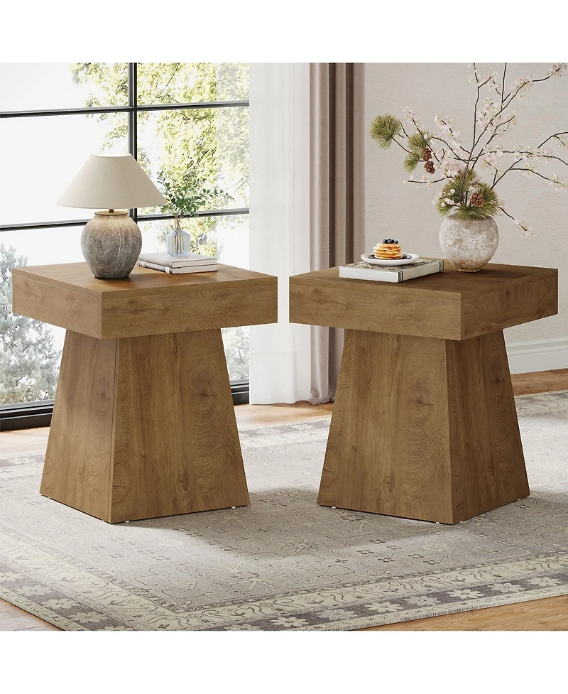 Tribesigns Square Side Table Set of 2, Farmhouse Small End with Wide Base, Rustic Nightstand Beside Bed