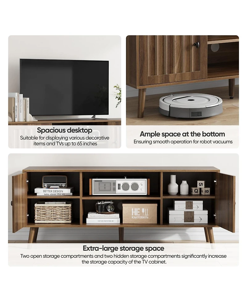 Streamdale Furniture 55-inch Wooden Tv Cabinet with 2 Grooved Doors and Adjustable Shelves - Walnut