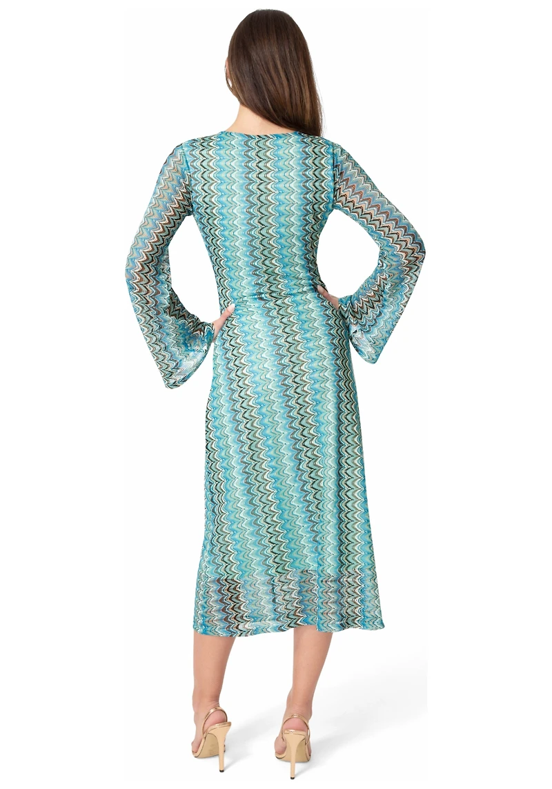 Bebe Women's Crochet Stripe Bell Sleeve Maxi Dress