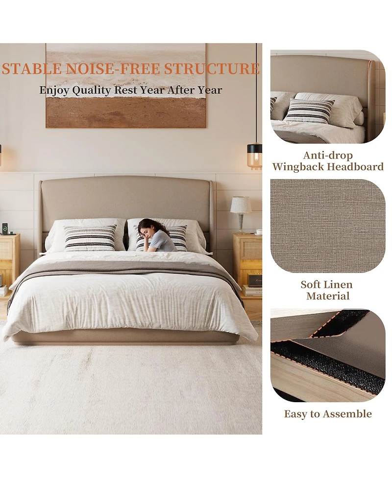 Streamdale Furniture Upholstered Queen Wingback Platform Bed Frame, Linen