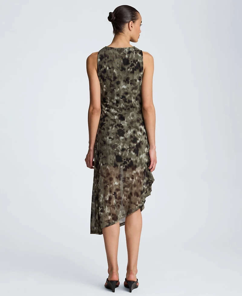 Kenneth Cole Women's Sheer Mesh Overlay Asymmetric Hem Midi Dress