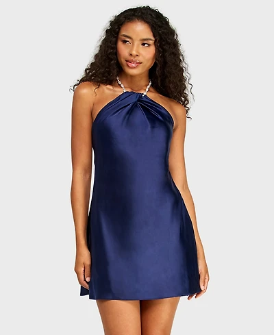 Alexa & Sophia Juniors' Halter Heavy Satin Dress with Pearl Beaded Necklace Detail