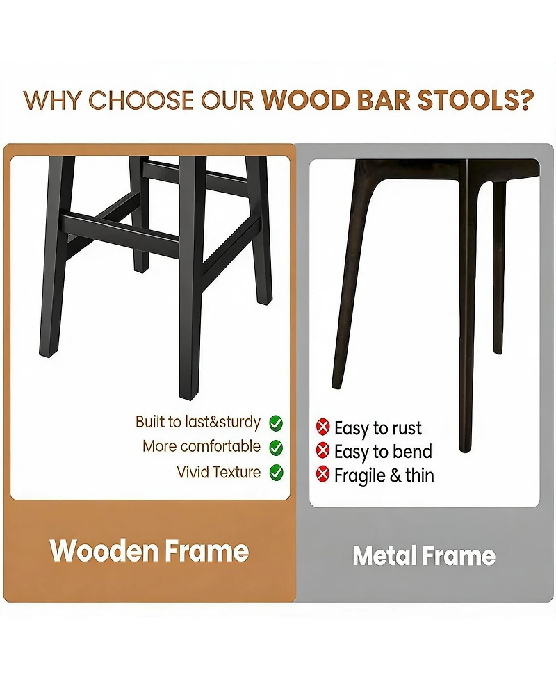 homfan Set of 2/4 Counter Height Bar Stools, Wood Frame, Wide Pu Leather Upholstered Seats, Comfortable, Ideal for Kitchen Island,