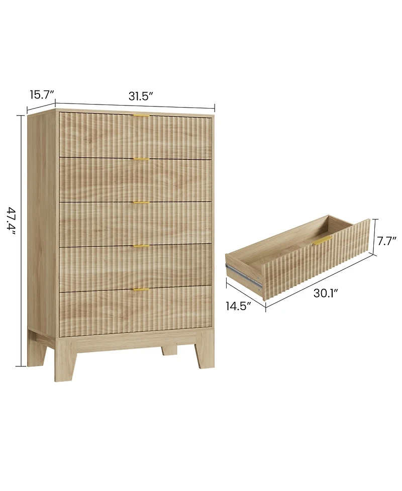 homfan 2 Set of 5 Drawer Dresser with Wave Pattern, Vertical Storage Tower with Gliding Drawers, Versatile Cabinet for Bedroom, Easy Assembly