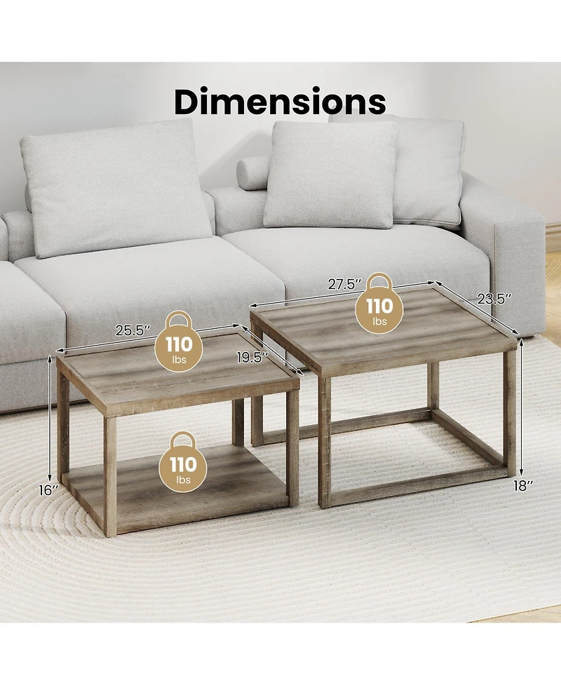 Gymax Nesting Coffee Table Set of 2 Stackable Rectangular End Tables With Storage Shelf