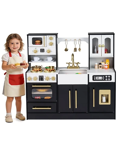 Gymax Wooden Kitchen Playset w/Realistic Lights and Sounds Stoves Sink Faucet Oven
