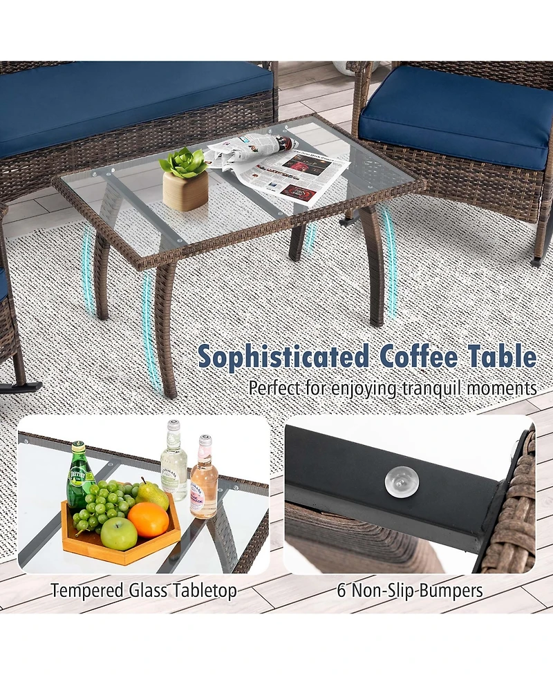 Gymax Set of 4 Wicker Rocking Set with Loveseat and Coffee Table Heavy-Duty Metal Frame