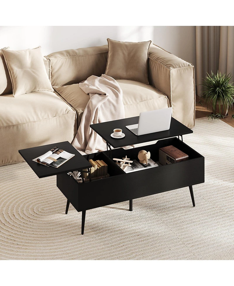 Gymax Lift Top Coffee Table/ Split Top and 2 Hidden Compartments Tapered Metal Legs