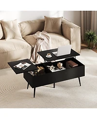 Gymax Lift Top Coffee Table/ Split Top and 2 Hidden Compartments Tapered Metal Legs