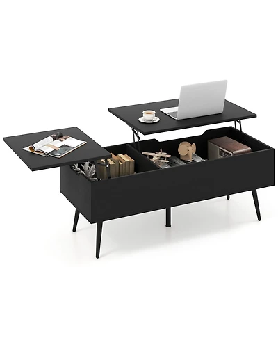 Gymax Lift Top Coffee Table/ Split Top and 2 Hidden Compartments Tapered Metal Legs