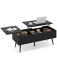 Gymax Lift Top Coffee Table/ Split Top and 2 Hidden Compartments Tapered Metal Legs