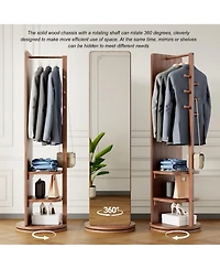 Phying walnut 360° rotating full-length mirror with solid wood frame, hook storage rack, and coat rack, perfect for bedroom or living room use.