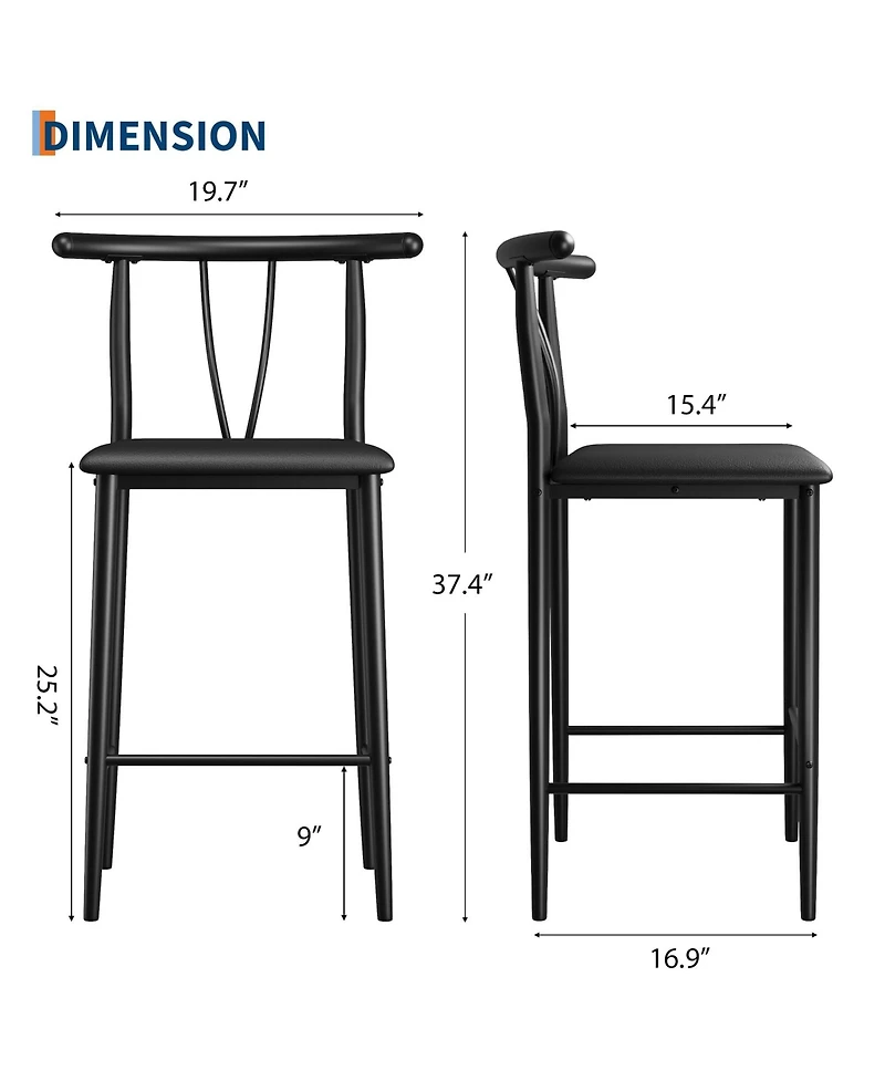 homfan Modern Counter Height Bar Stools Set of 4 - 25 Inch Pu Leather Upholstered Dining Chairs with Backrest and Footrest - Ergonomic Metal Frame