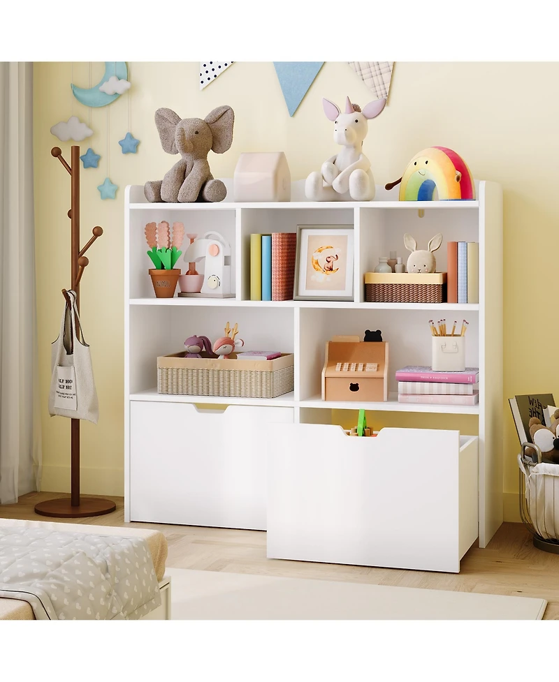 homfan Multifunctional Toy Storage Organizer, Kids Bookshelf with 5 Cubbies and 2 Drawers, Chest for Playroom, Bedroom, Hallway, Classroom