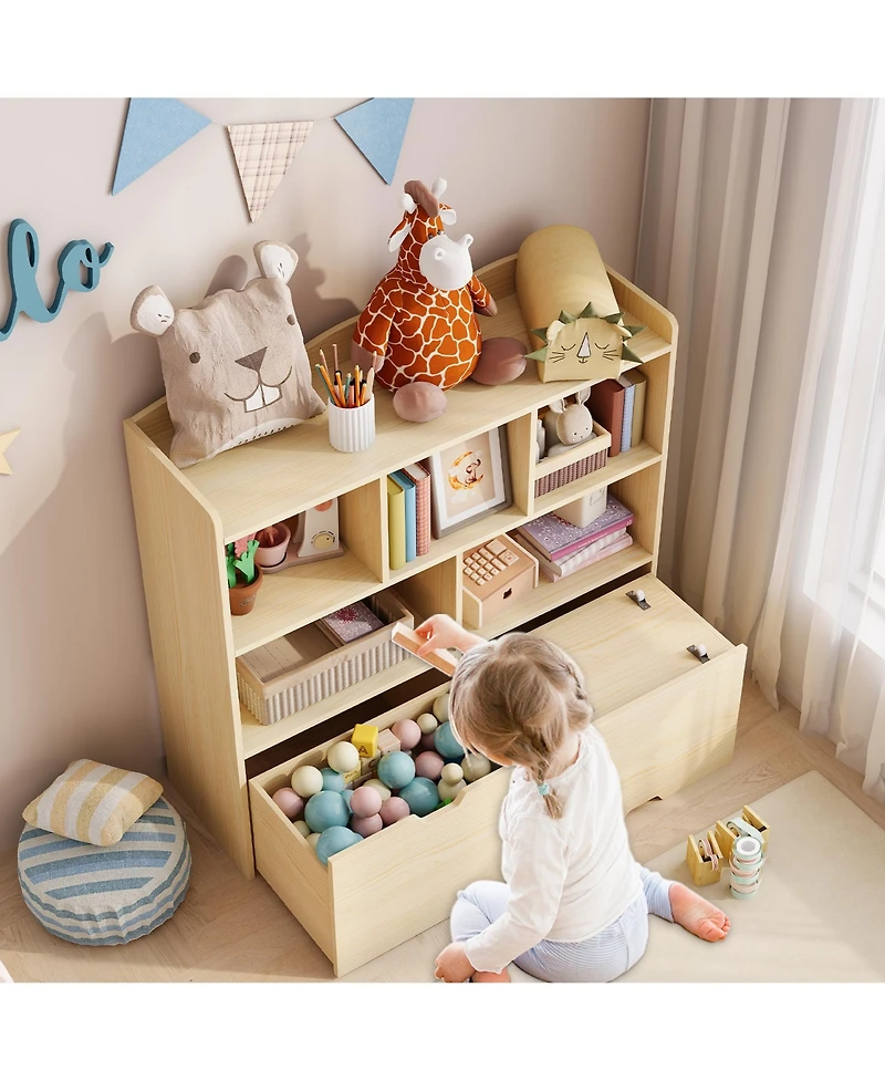 homfan Multifunctional Toy Storage Organizer, Kids Bookshelf with 5 Cubbies and 2 Drawers, Chest for Playroom, Bedroom, Hallway, Classroom