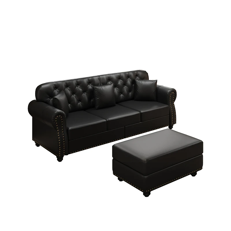 Streamdale Furniture Faux Leather Chesterfield Sofa with Nailhead Trim and 2 Pillows