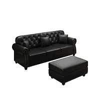 Streamdale Furniture Faux Leather Chesterfield Sofa with Nailhead Trim and 2 Pillows